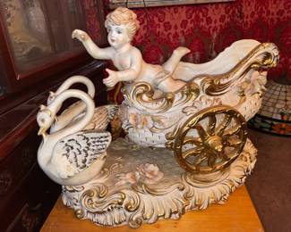 MASSIVE Cherub W/ 2 Swans & Chariot Planter