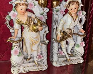 Set Of 2 Porcelain Figurine Candlestick Holders