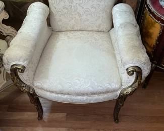 Beautiful Gold Framed White Upholstered Chair W/ Carved Arms (2 Available)