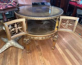Round Gold Painted End Table W/ 2 Doors