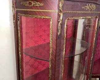 Antique Wooden Display Cabinet W/ Glass Door, Gold Metal Trim, Red Upholstered Interior, & Hand Painted Scene