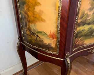 Antique Wooden Display Cabinet W/ Glass Door, Gold Metal Trim, Red Upholstered Interior, & Hand Painted Scene
