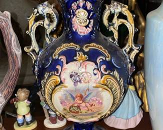 Majolicaware Double Handled Cherub Vase