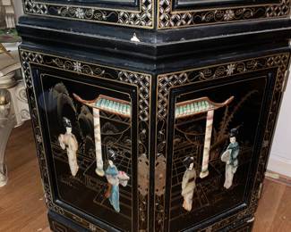 Vintage Asian Black Lacquer Display Cabinet W/ Mother Of Pearl Details