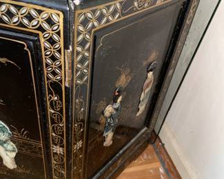 Vintage Asian Black Lacquer Display Cabinet W/ Mother Of Pearl Details