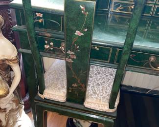 Green Lacquer Desk W/ Floral Details & Matching Chair