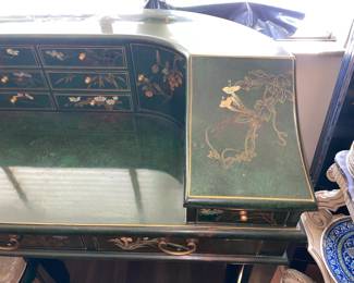 Green Lacquer Desk W/ Floral Details & Matching Chair