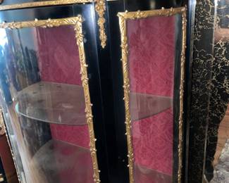 Antique Asian Black Lacquer Display Cabinet W/ Gold Trim, Glass Door, Red Upholstered Interior, & Gold Details