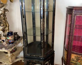 Vintage Asian Black Lacquer Display Cabinet W/ Mother Of Pearl Details