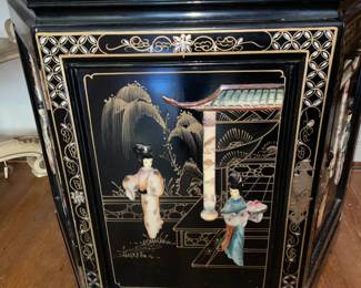 Vintage Asian Black Lacquer Display Cabinet W/ Mother Of Pearl Details