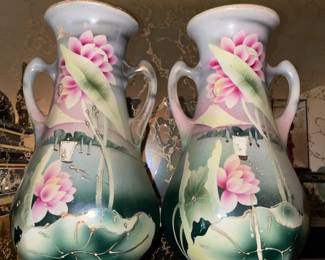 Set Of 2 Large Double Handled Asian Floral Vases