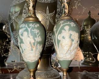 Set Of 2 Green Bisque & Brass Vases