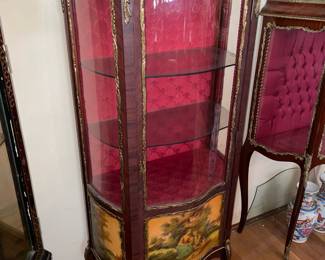 Antique Wooden Display Cabinet W/ Glass Door, Gold Metal Trim, Red Upholstered Interior, & Hand Painted Scene