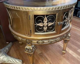 Round Gold Painted End Table W/ 2 Doors