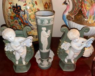 Bisque Cherub Wall Pockets W/ Matching Vase