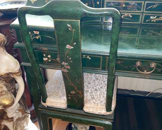 Green Lacquer Desk W/ Floral Details & Matching Chair
