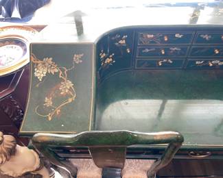 Green Lacquer Desk W/ Floral Details & Matching Chair