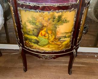 Antique Wooden Display Cabinet W/ Glass Door, Gold Metal Trim, Red Upholstered Interior, & Hand Painted Scene