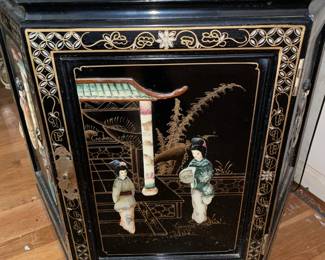 Vintage Asian Black Lacquer Display Cabinet W/ Mother Of Pearl Details