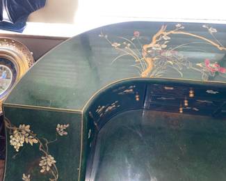 Green Lacquer Desk W/ Floral Details & Matching Chair