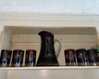 Ruby Red Etched Crystal Decanter & 6 Glass Set
