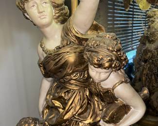 MASSIVE Figural Woman W/ 2 Children Chalkware Lamp W/ Vintage Shade