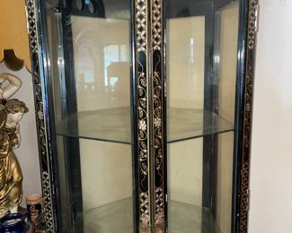 Vintage Asian Black Lacquer Display Cabinet W/ Mother Of Pearl Details
