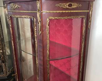 Antique Wooden Display Cabinet W/ Glass Door, Gold Metal Trim, Red Upholstered Interior, & Hand Painted Scene