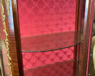 Antique Wooden Display Cabinet W/ Glass Door, Gold Metal Trim, Red Upholstered Interior, & Hand Painted Scene