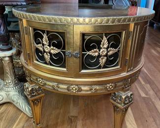 Round Gold Painted End Table W/ 2 Doors
