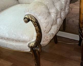 Beautiful Gold Framed White Upholstered Chair W/ Carved Arms (2 Available)
