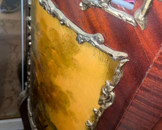 Antique Wooden Display Cabinet W/ Glass Door, Gold Metal Trim, Red Upholstered Interior, & Hand Painted Scene