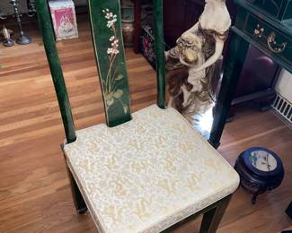Green Lacquer Desk W/ Floral Details & Matching Chair