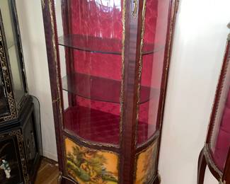 Antique Wooden Display Cabinet W/ Glass Door, Gold Metal Trim, Red Upholstered Interior, & Hand Painted Scene