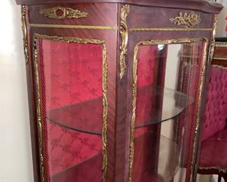 Antique Wooden Display Cabinet W/ Glass Door, Gold Metal Trim, Red Upholstered Interior, & Hand Painted Scene