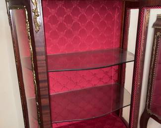 Antique Wooden Display Cabinet W/ Glass Door, Gold Metal Trim, Red Upholstered Interior, & Hand Painted Scene