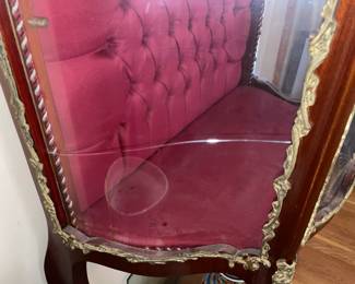Antique Wooden Display Cabinet W/ Glass Door, Gold Metal Trim, & Red Upholstered Interior