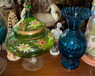 Vintage Green Glass Covered Candy Pedestal Bowl W/ Blue Ruffled Glass Vase