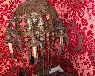 Gold Tin Wall Mounted Chandelier W/ Crystal Pendants