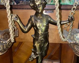 STUNNING "Scales Of Justice" Bronze Figure W/ Marble Base & Gold Painted Crystal Bowls