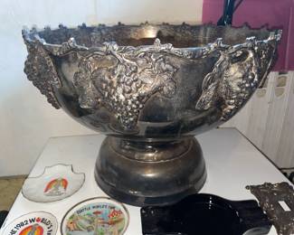 MASSIVE Silver Plated Grape Motif Pedestal Bowl