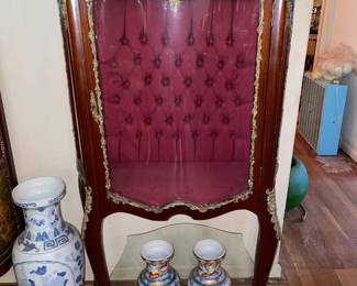 Antique Wooden Display Cabinet W/ Glass Door, Gold Metal Trim, & Red Upholstered Interior