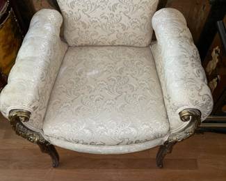 Beautiful Gold Framed White Upholstered Chair W/ Carved Arms (2 Available)