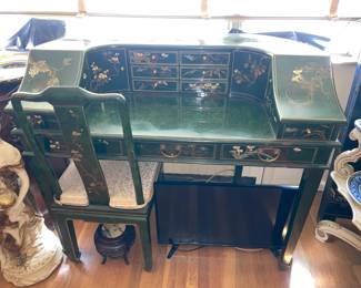 Green Lacquer Desk W/ Floral Details & Matching Chair