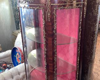 Antique Wooden Display Cabinet W/ Glass Door, Gold Metal Trim, Red Upholstered Interior, & Hand Painted Scene