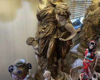 MASSIVE Figural Woman W/ 2 Children Chalkware Lamp W/ Vintage Shade