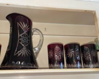 Ruby Red Etched Crystal Decanter & 6 Glass Set