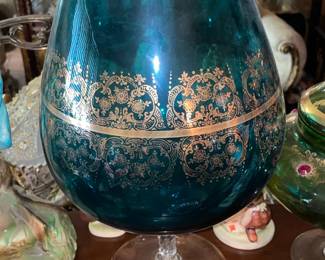 MASSIVE Vintage Blue Glass Goblet W/ Gold Detail