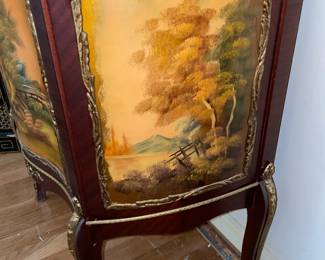 Antique Wooden Display Cabinet W/ Glass Door, Gold Metal Trim, Red Upholstered Interior, & Hand Painted Scene