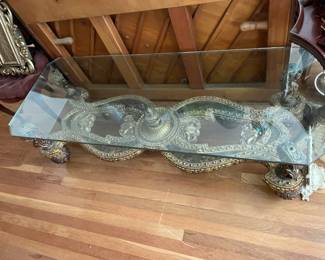 Carved Gold Coffee Table W/ Glass Top